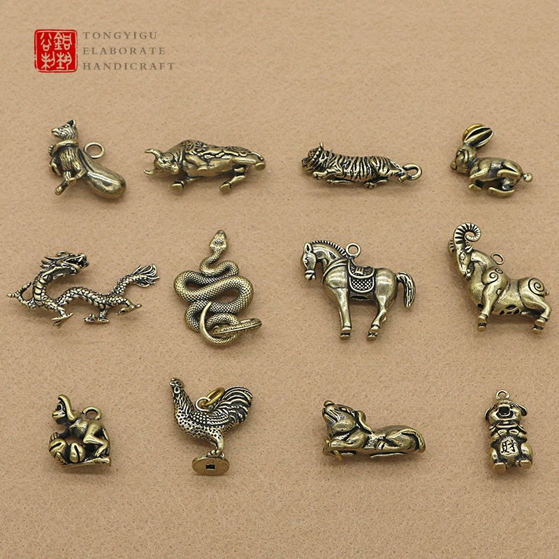 3D brass keychain pendant, Chinese zodiac charms, antique finish, wearable charm