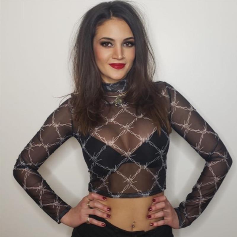 2024 Transparent Sexy Top High Neck Long Sleeve T-Shirt Explosions Mesh Thorn Print See-through Black T-Shirt in stock 2024 Transparent Sexy Top High Neck Long Sleeve T-Shirt Explosions Mesh Thorn Print See-through Black T-Shirt in stock