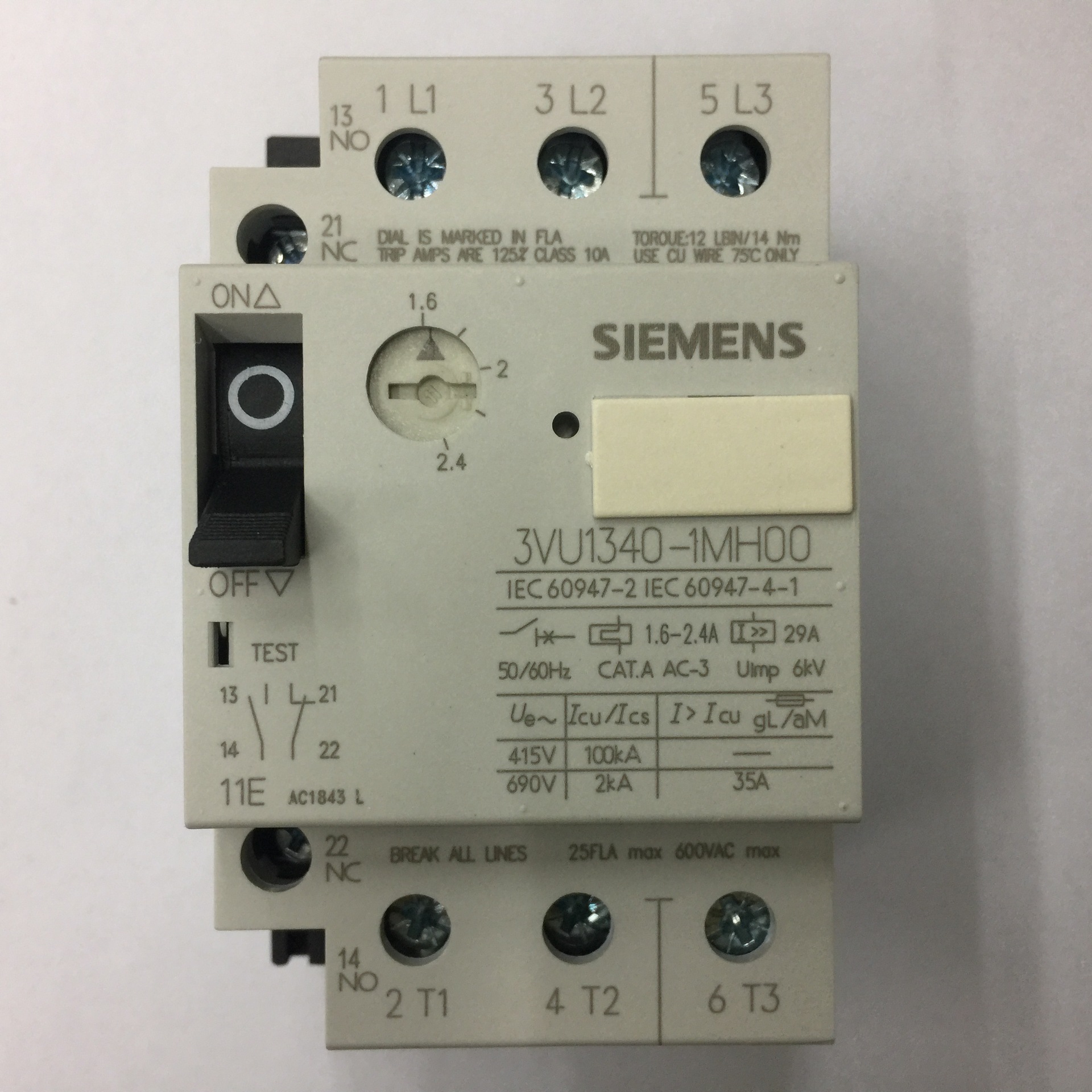 原装正品3VU1340-1MH00 1.6-2.4A西门子电动机保护用空气断路器