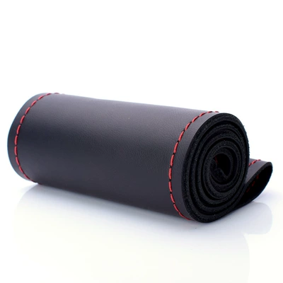cowhide car steering wheel cover | Steering wheel cover - black-leather-non-porous-red-line-38cm