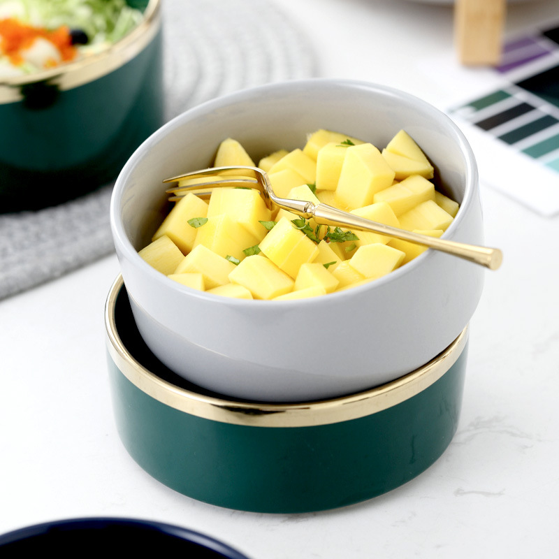 Nordic creativo borde dorado ensaladera de cerámica tazón de fideos instantáneos tazón de sopa tazón de postre de frutas tazón de cerámica del hogar traje de gran tamaño pequeño