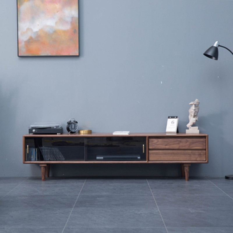 Nordic Black Walnut Solid Wood Tv Cabinet, Natural Wood Media Cabinet, Small Apartment Living Room Furniture, Multifunctional Minimalist Home Use