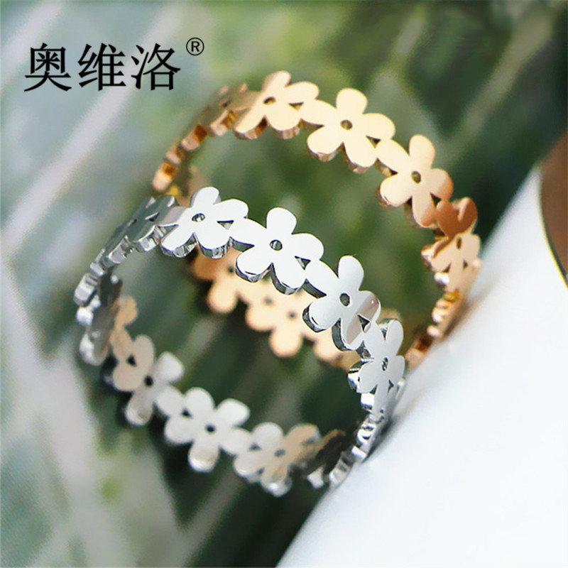 奥维洛韩版小雏菊时尚女生单戒钢饰戒指五叶太阳花情人节潮流指环