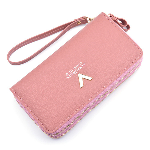 New Wallet Women's Double Zipper Long Clutch Fashionable Simple Lychee Pattern Large Capacity Double Layer Wallet Mobile Phone Bag