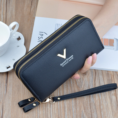 New Wallet Women's Double Zipper Long Clutch Fashionable Simple Lychee Pattern Large Capacity Double Layer Wallet Mobile Phone Bag