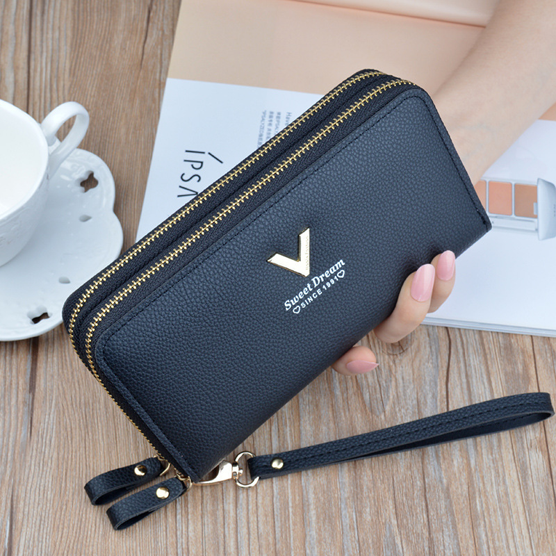 New wallet women's double zipper long clutch fashionable simple lychee pattern large capacity double-layer wallet mobile phone bag New wallet women's double zipper long clutch fashionable simple lychee pattern large capacity double-layer wallet mobile phone bag