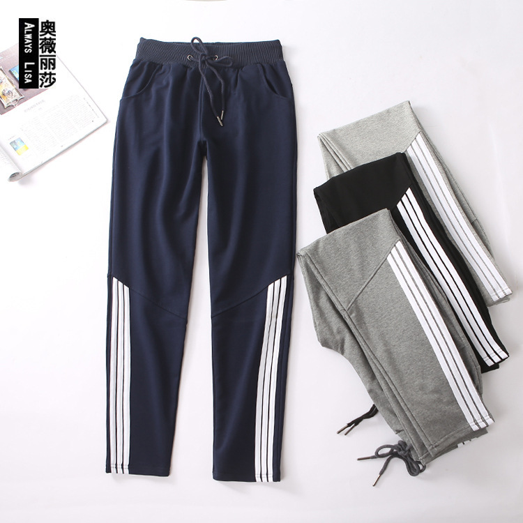 Spring and Autumn Cotton Loose Casual Sweatshirt Pants Large Size Leg-toe Lower Side Three-bar Sports Pants Female Student School Pants