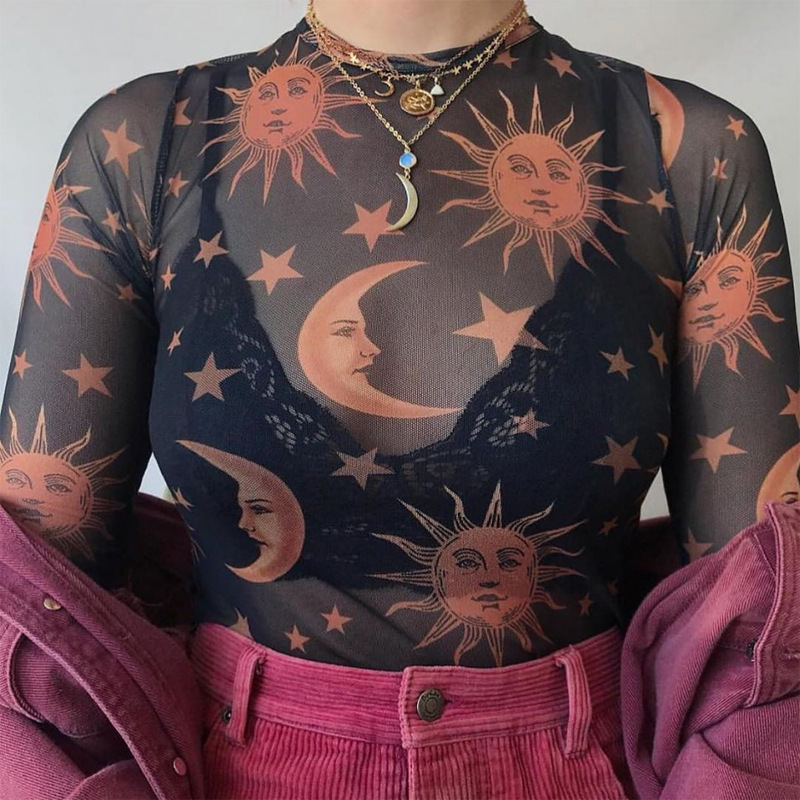 European and American style new 2023 AliExpress spring foreign trade explosions long sleeve mesh perspective round neck base shirt T-shirt women
