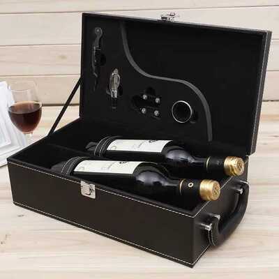 双支装皮盒带酒具 红酒礼盒包装盒带开酒器 红酒盒子皮箱