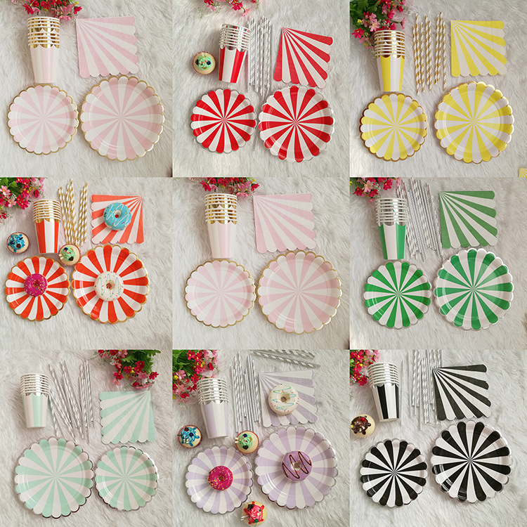 European and American Party Gold Stripe Red Paper Plate Set High-end Disposable Tableware Paper Cup Afternoon Tea Cake Plate