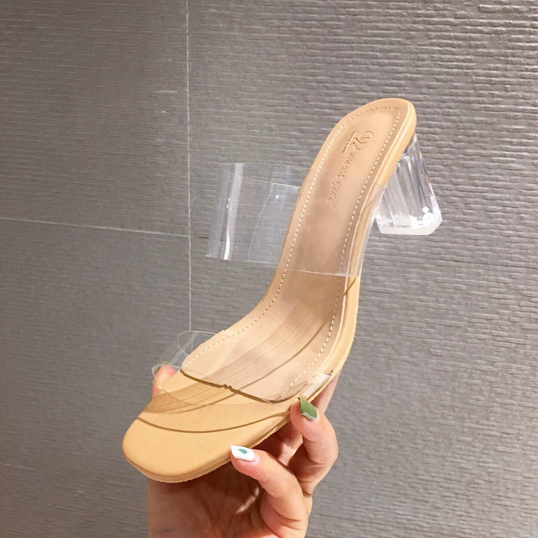 2019 летние новые европейские и американские модные прозрачные пленочные сандалии на высоком каблуке и тапочки с кристаллами на массивном каблуке прозрачные женские Тапочки