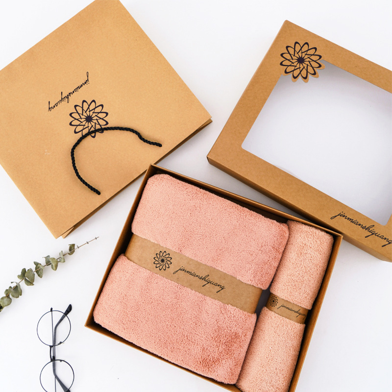 珊瑚绒礼品毛巾两件套牛皮纸柔软吸水浴巾毛巾礼盒套装