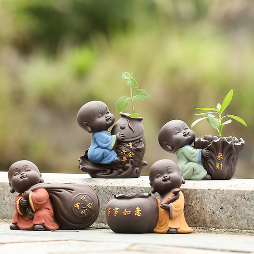 Can grow hydroponic flower arrangement boutique, cute purple clay little monk tea pet ornaments creative tea set decoration mini flower vase