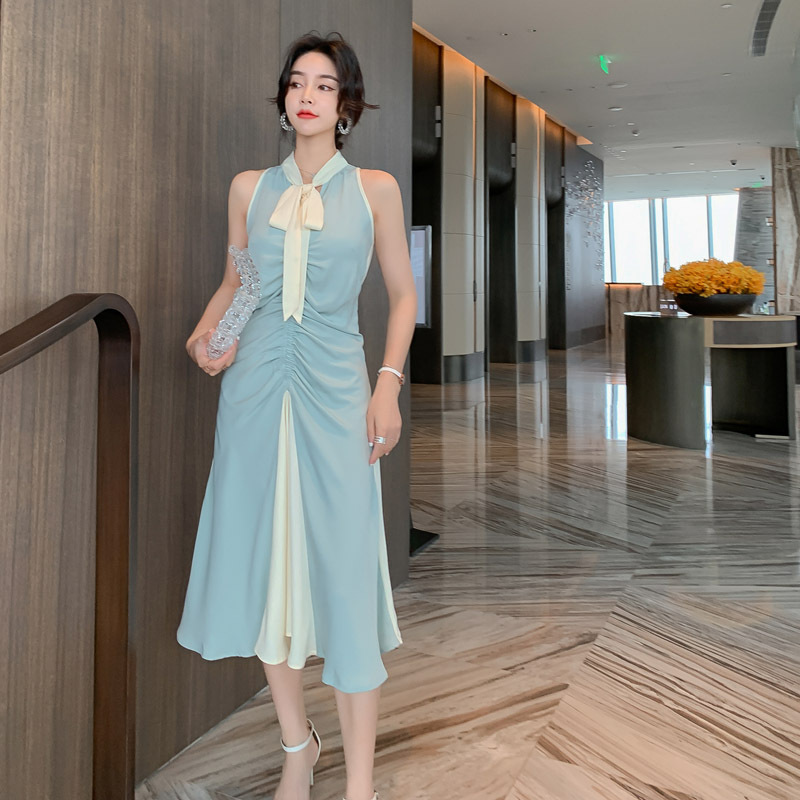 Đầm maxi nữ thắt eo cổ buộc dây xếp ly thanh lịch — Màu xanh lam