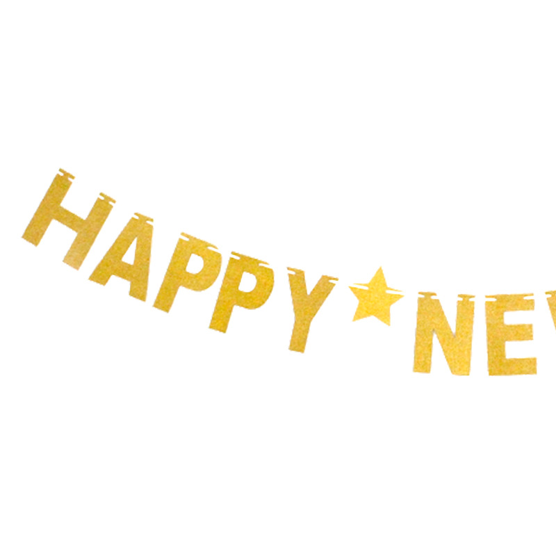 Año Nuevo decoración guirnalda Feliz Año Nuevo carta brillo Navidad estrella de cinco puntas Bandera de oro pull bandera al por mayor