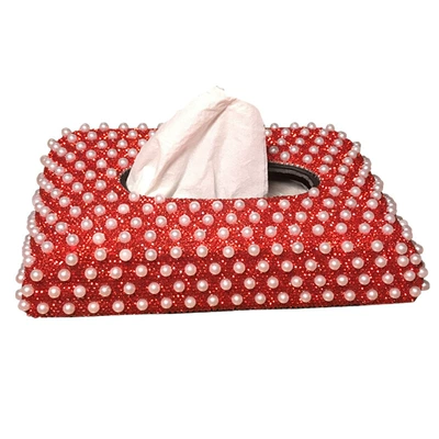 Car Accessories Tissue Box Cover, Cute Ladies' Diamond-Encrusted Pearl Car Napkin Holder, Car Tissue Box Stand Type (Car tissue box/set) - red-pearl-full-diamond-model