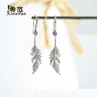 s925纯银满钻羽毛耳环女时尚欧美夸张长款耳钉显脸瘦耳钉网红同款
