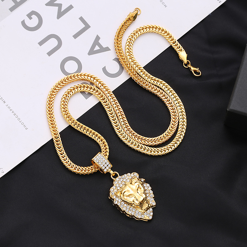 Nuevo europeo y americano diamante cabeza de león hip hop collar hombres neutral chapado en oro hiphop colgante collar Accesorios image 2