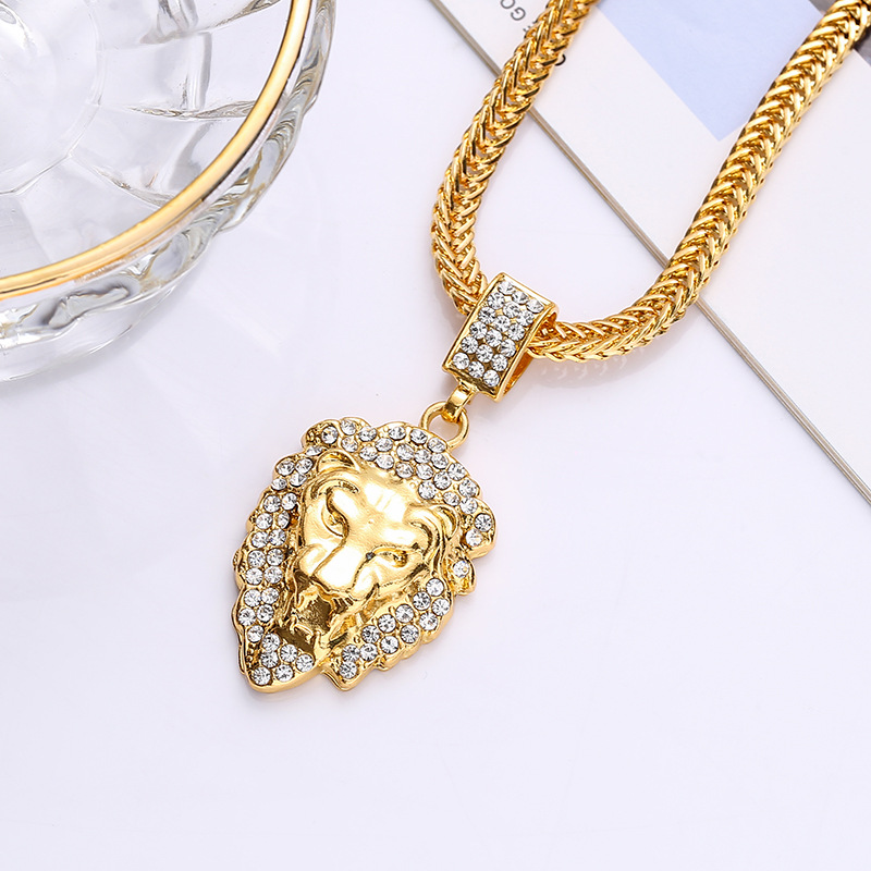 Nuevo europeo y americano diamante cabeza de león hip hop collar hombres neutral chapado en oro hiphop colgante collar Accesorios image 4