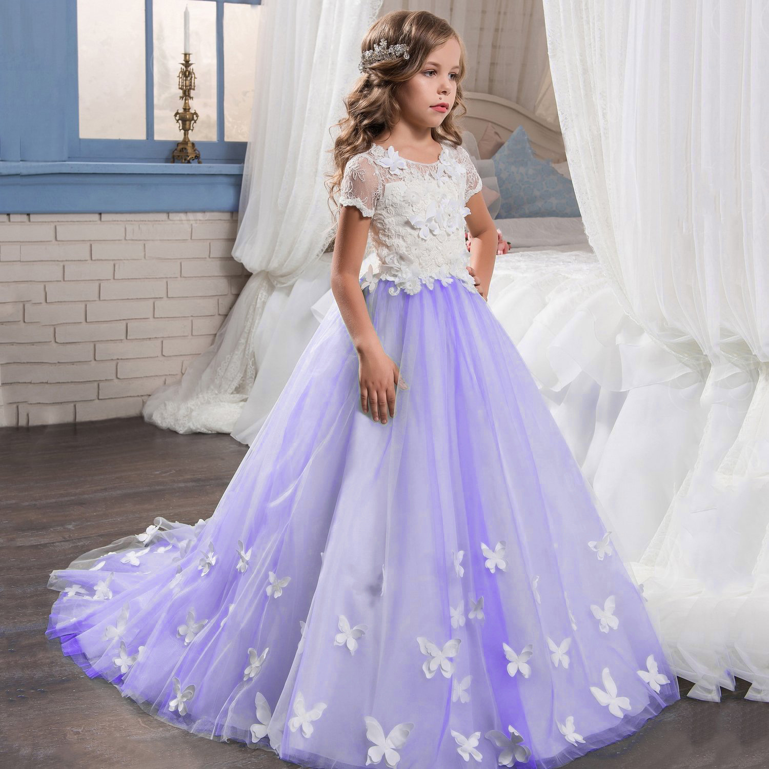 Transfronteriza europea y americana Comercio exterior nueva manga corta de encaje princesa estilo rendimiento bola arco flor niña vestido de novia vestido esponjoso