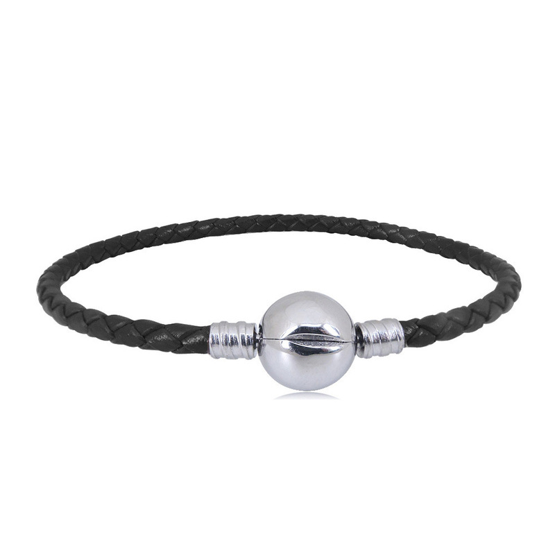 Panjia logo titanium steel buckle braided leather rope bracelet black single loop leather round buckle basic bracelet Panjia logo titanium steel buckle braided leather rope bracelet black single loop leather round buckle basic bracelet