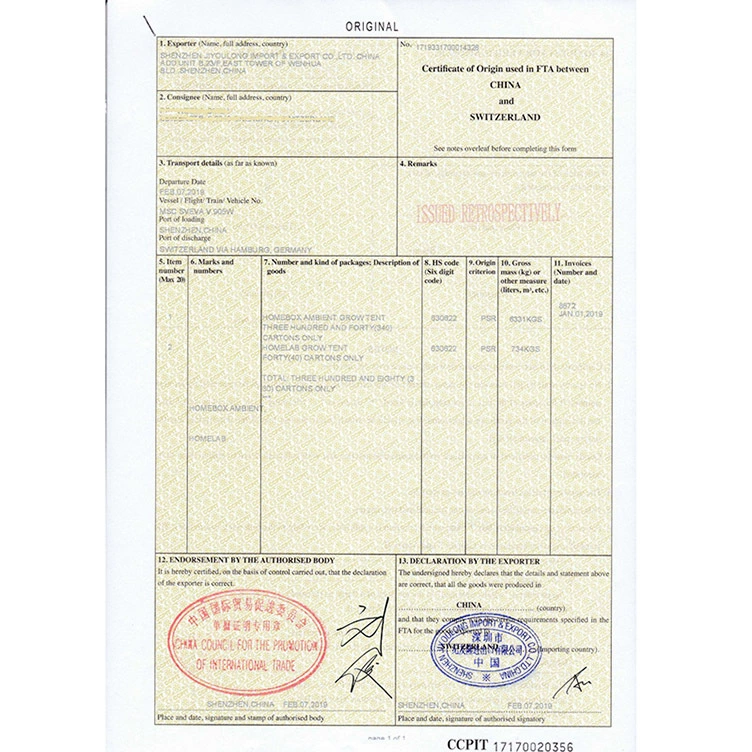 Сертификат происхождения из Швейцарии, Шэньчжэнь, Дунгуань, сертификат CO Таиланд, сертификат FE, заявление на выдачу сертификата происхождения
