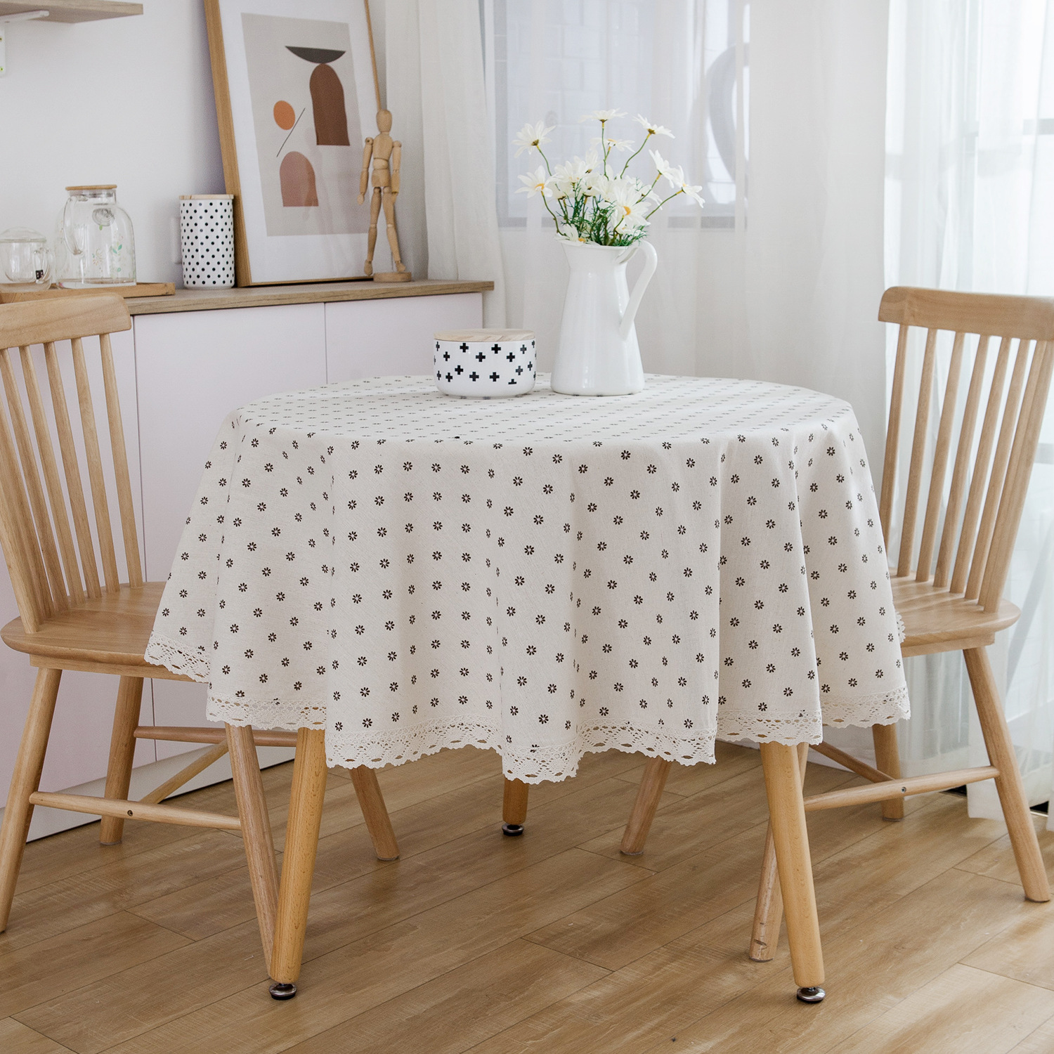 Japanese Tablecloth Small Daisy Print Tablecloth Cotton and Linen Round Fabric Small Round Table Ins Style Tatami Square Table
