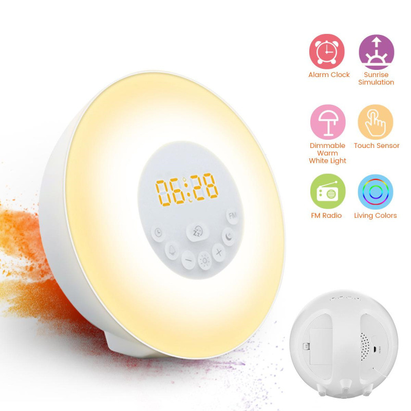 Simulated Sunrise and Sunset Wake-Up Light Alarm Clock, Led Colorful Changing Atmosphere Bedside Sleep Night Light, Fm Radio