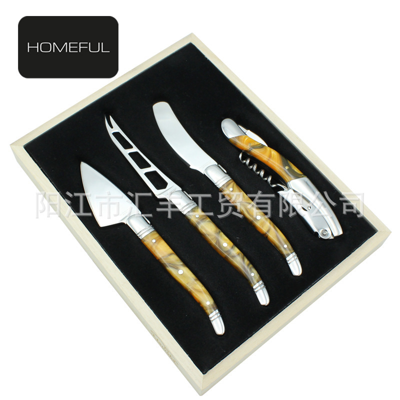 4-piece set double steel head color resin wooden handle cheese cheese knife suit stainless steel wine bottle opener