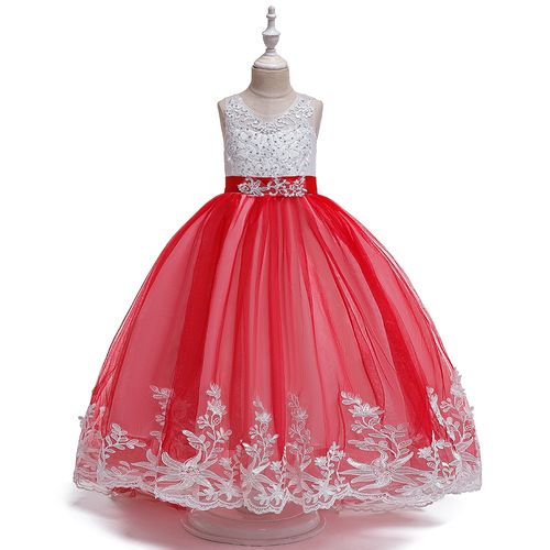 2024 Children's Evening Dresses Net Lace Princess Wedding Dress with Tulle Tail and Beads for Girls 