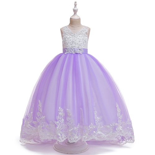 2024 Children's Evening Dresses Net Lace Princess Wedding Dress with Tulle Tail and Beads for Girls 