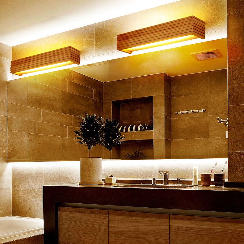 Espejo LED con luz frontal, mueble de baño de madera maciza, estilo nórdico, luz para espejo, impermeable, rectangular, luz para espejo de madera natural para baño