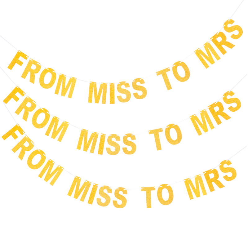 Banderas de la fiesta de la boda de la señorita a la señora polvo brillante oro plata letras de papel dibujar flores