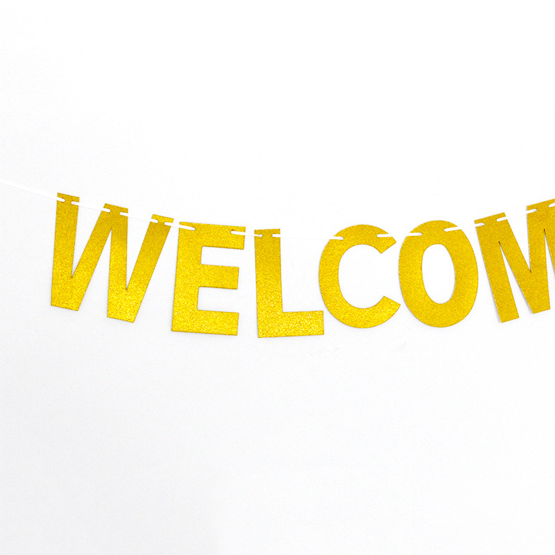 Fiesta familiar fiesta boda Navidad cumpleaños de una sola pieza Golden Garland bienvenido a casa brillo pull flag