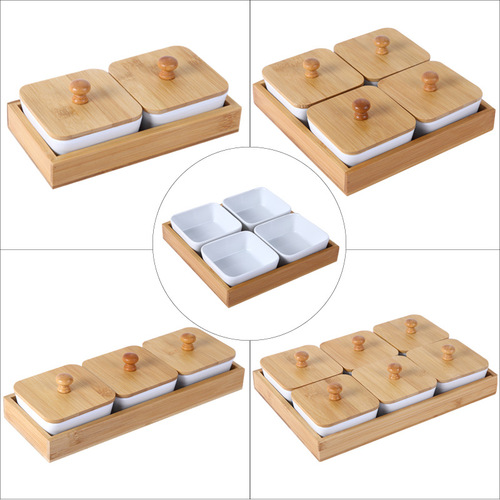 Ceramic Bamboo Wood Dry Fruit Nut Tray Divided with Lid Candy Melon Seed Box Living Room Snack Plate Wooden