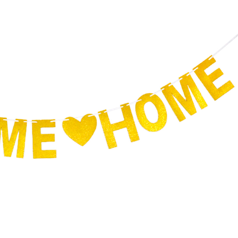 Fiesta familiar fiesta boda Navidad cumpleaños de una sola pieza Golden Garland bienvenido a casa brillo pull flag