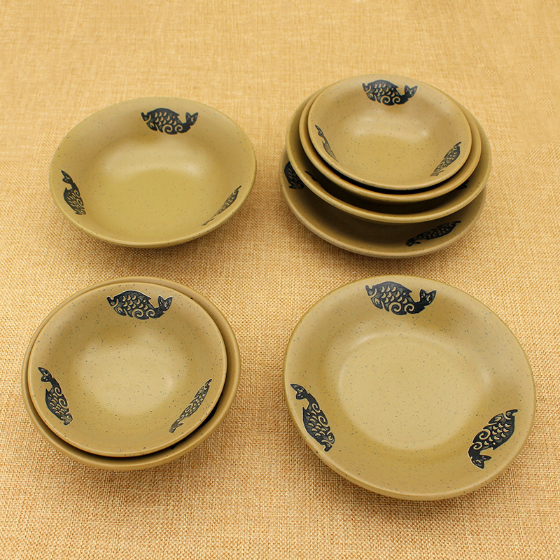 Ancient-Style Earthenware Bowls and Plates for Mala Hotpot, Eco-Friendly Melamine Imitation Rustic Pottery Wine Bowls and Dishes Tableware