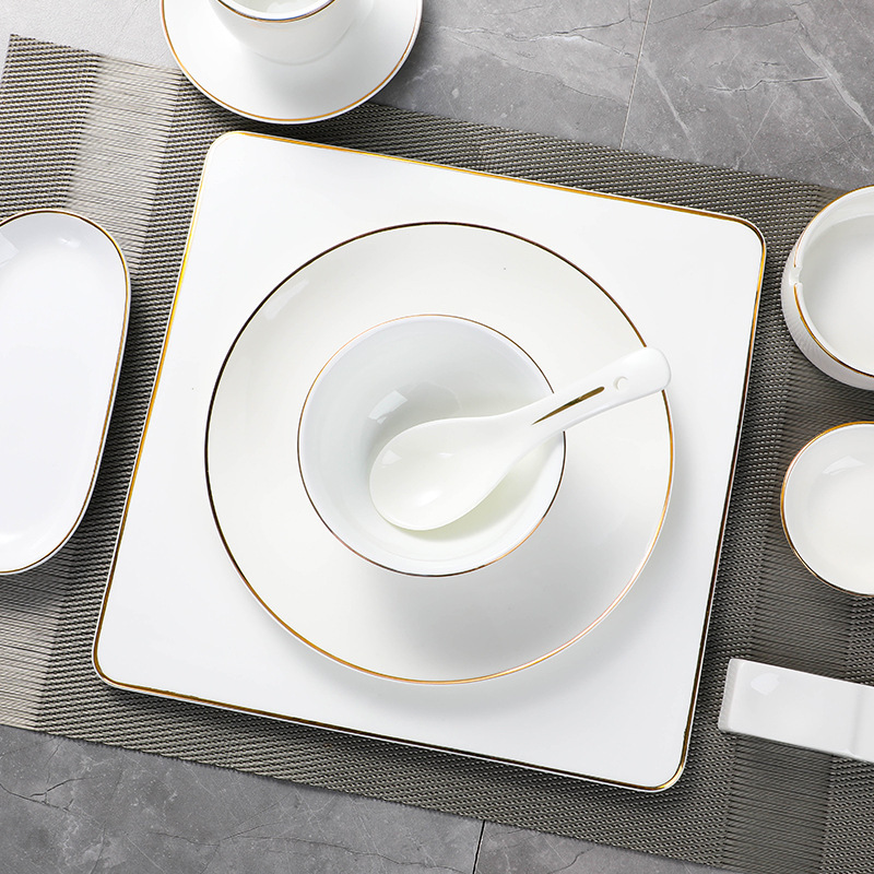 Hotel Supplies Tableware Ceramic Gold Line Table Set Hotel Restaurant Plate Dishes Set Chinese Club Printing