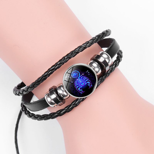 Euro-American couple's bracelet: 12-zodiac-themed, multi-layered braided, glow-in-the-dark punk-style cowhide starry-night bracelet accessory
