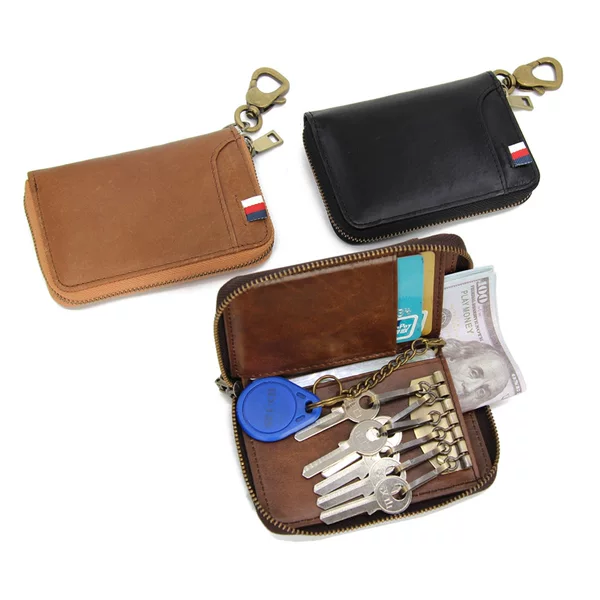 First Layer Oil Wax Cowhide Key Bag Anti-Theft Card Bag Genuine Leather Waist Hanging Key Cover Multi-Functional Door Key Bag Wholesale