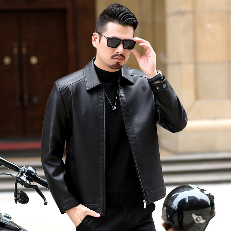 2024 Autumn and Winter New Haining Genuine Leather Jacket Men's Slim Short Lapel Leather Jacket Men's Middle-Aged Leather Jacket