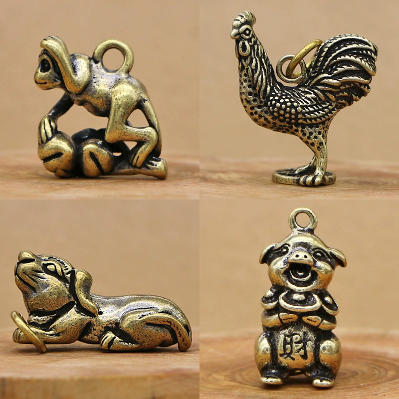 3D brass keychain pendant, Chinese zodiac charms, antique finish, wearable charm