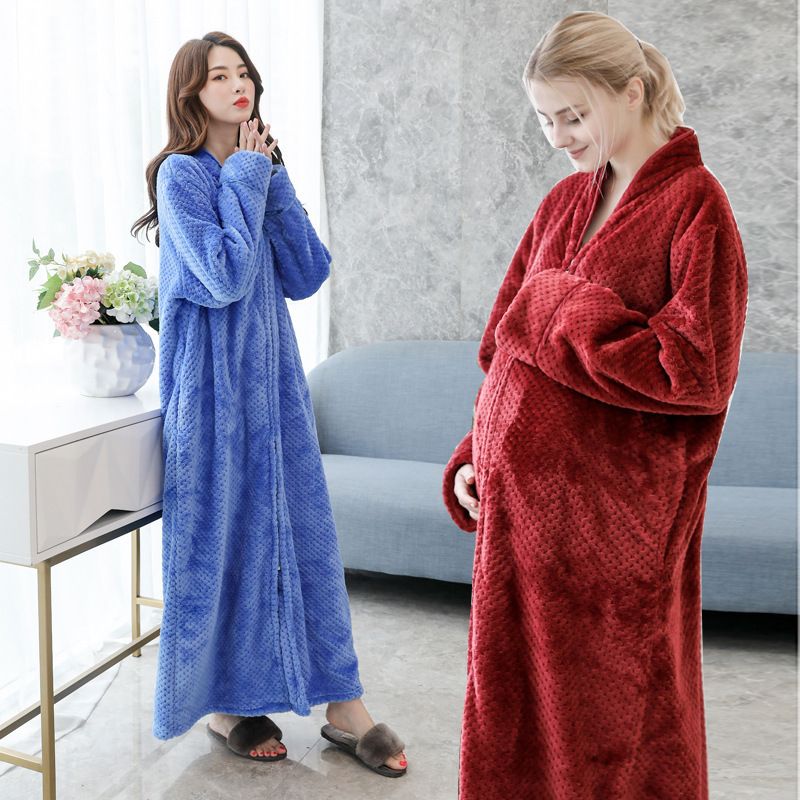 Autumn and Winter Zipper Nightgown Women's Loose Coral Fleece Nightgown Women's Pregnant Women's Flannel Bathrobe Women's Large Size Thick Long Bathrobe