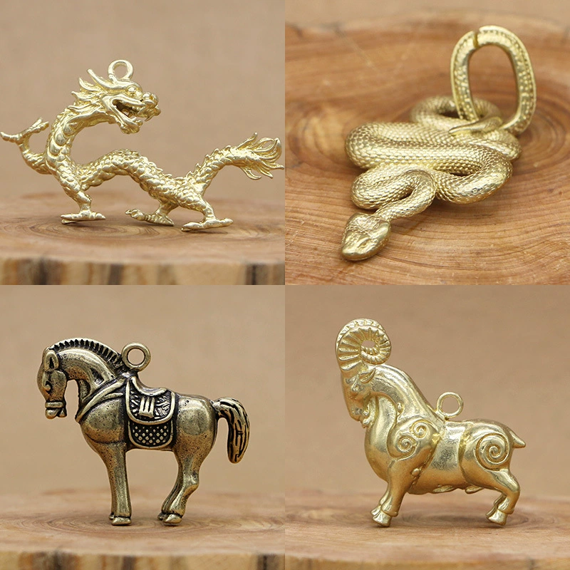 3D brass keychain pendant, Chinese zodiac charms, antique finish, wearable charm