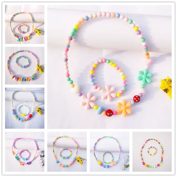 Korean New Acrylic Beads Flower Children Necklace Colorful Beads Children Bracelet Necklace Set Gift 1-24