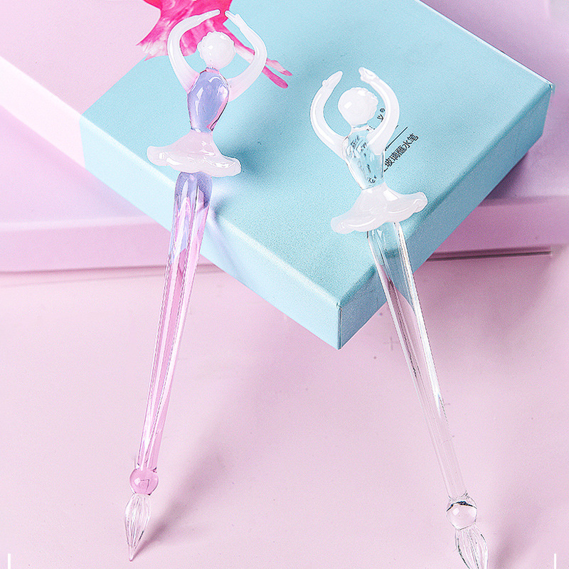 Ballet creativo chica pluma de color de vidrio DIP pluma caja de regalo traje firma pluma de vidrio escrito prueba de color pluma de regalo