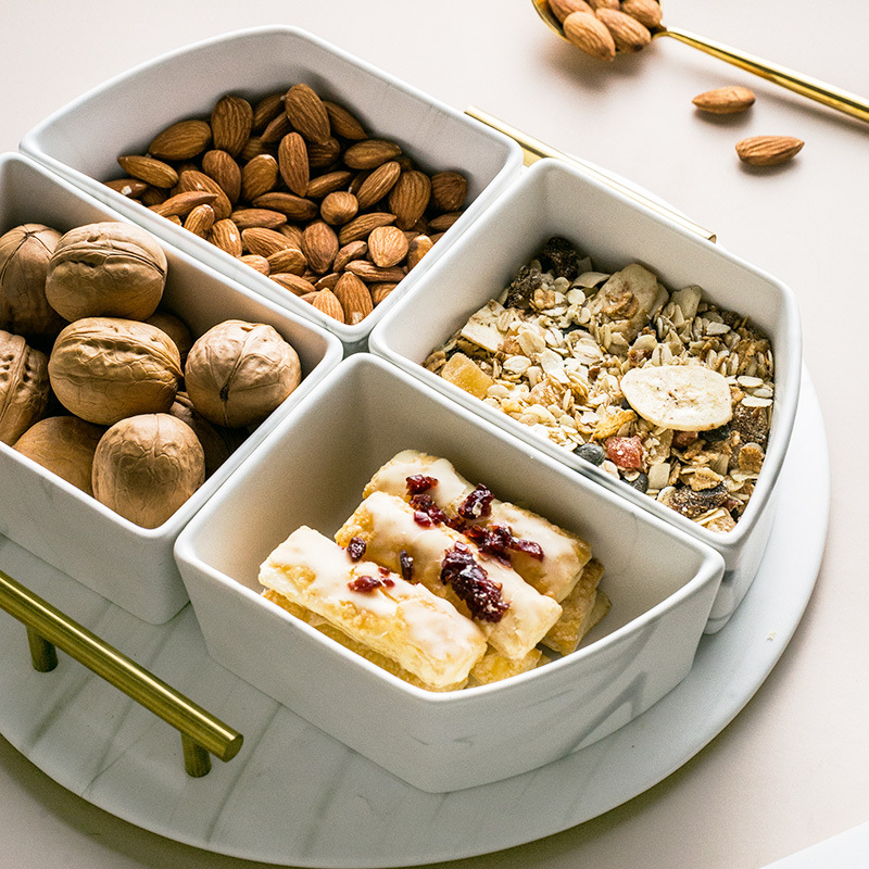 Caja de dulces de mármol de lujo ligero creativo Té de la tarde Cerámica Redonda Gran hotel Snacks Plato de frutos secos