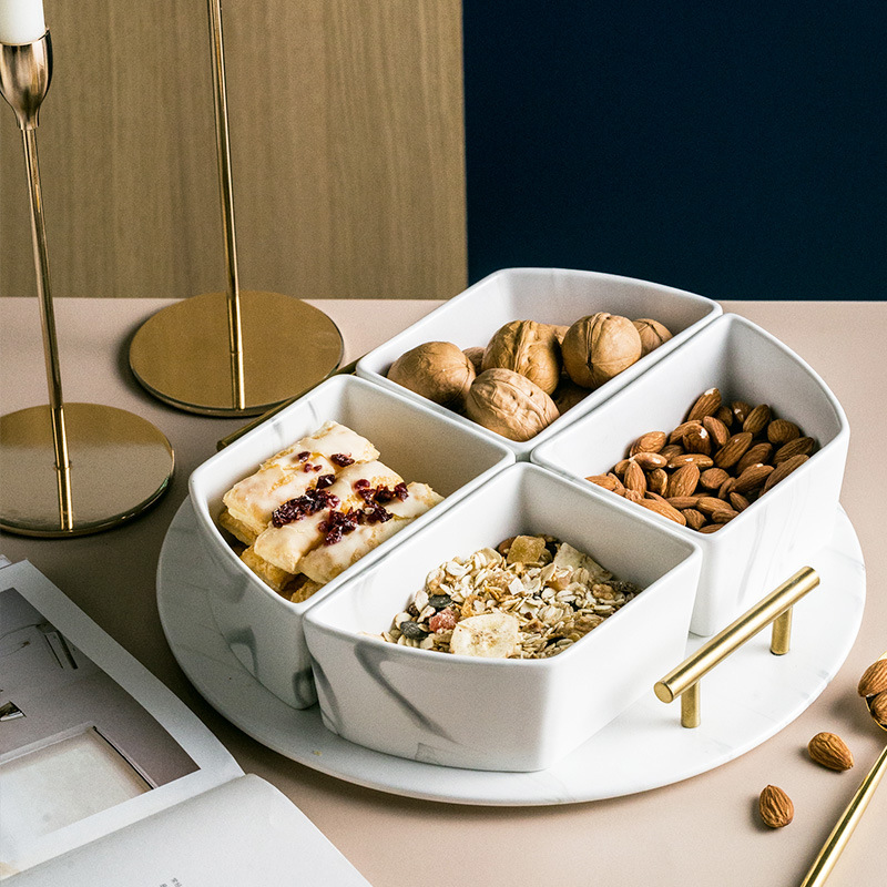 Caja de dulces de mármol de lujo ligero creativo Té de la tarde Cerámica Redonda Gran hotel Snacks Plato de frutos secos