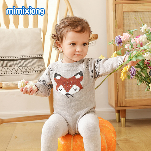 Ins best-selling infant unisex autumn/winter long-sleeve fox onesie with triangle top