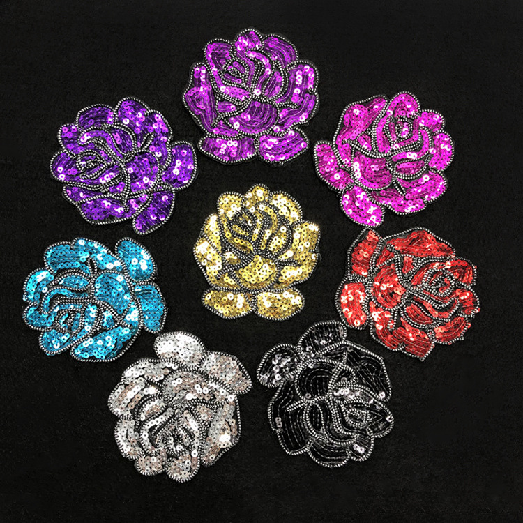 特价亮片玫瑰刺绣布贴外套礼服戏服装饰贴花背胶珠片绣补丁贴现货